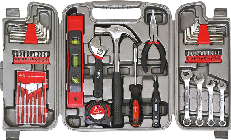 Apollo Tools 79 Piece Multi-Purpose SAE and Metric Tool Set with Sockets for the Garage, Home or on the Road. Includes Essential Tools for Vehicle Maintenance and Repairs - Red- DT9411