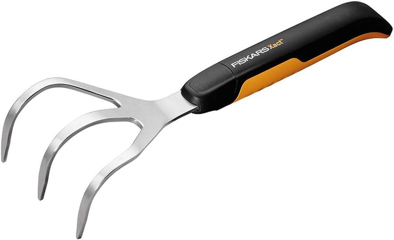 Fiskars Xact Hand Rake, Heavy Duty Gardening Hand Tool with Ergonomic Handle and Hanging Hole