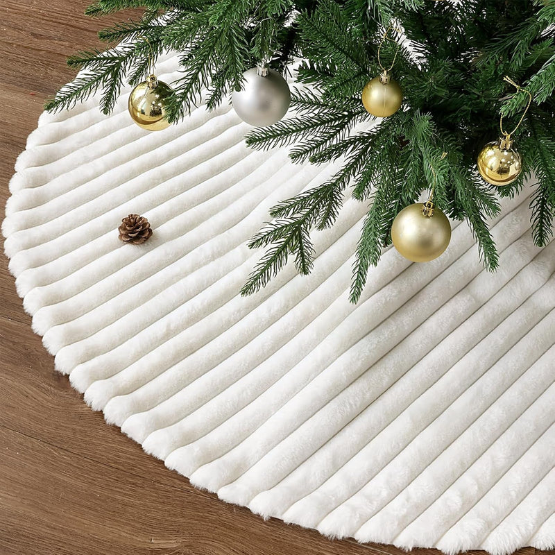 Faux Fur Christmas Tree Skirt: 48 Inch White Plush Fluffy Christmas Tree Skirt with Stripe Textured Pattern, Soft Beige Boho Christmas Tree Decorations for Merry Christmas Home Décor Xmas Party Gifts