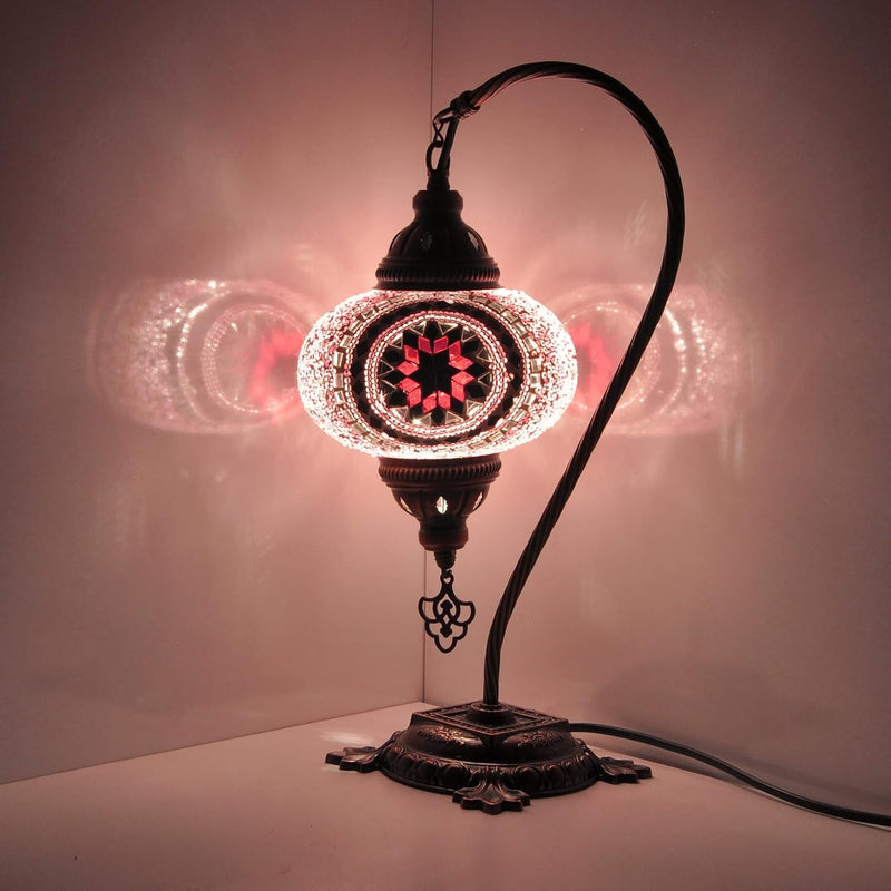 10 Variation Mosland Home Turkish Lamp Mosaic Table Lamps | Turkish Moroccan Lamp with Bronze Base | Handmade Swan Neck Tiffany Night Lamp | Mosaic Glass Bedside Night Lamp with Led Bulb (Pink)