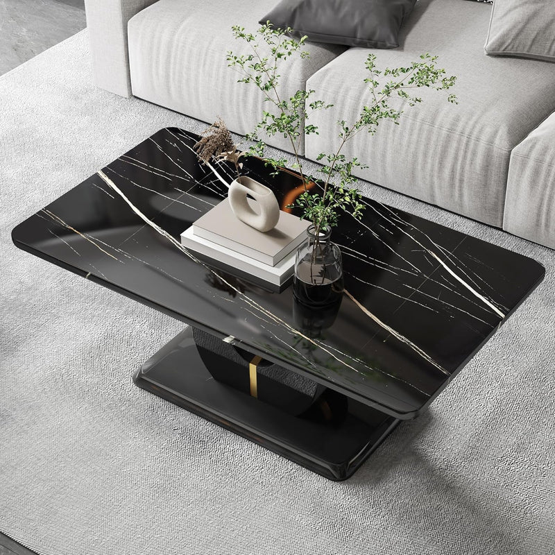Black Marble Coffee Table Black Desktop Rectangular Center Table Tea Table Accent Furniture for Living Room Simple Assembly 47.24''D X 25.59''W X 18.11''H