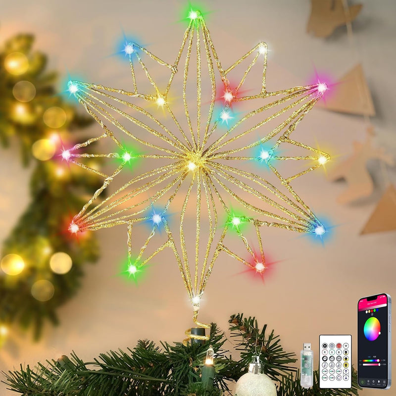 Christmas Star Tree Topper, RGB 8In Glittered Star Tree Topper Light with 20 LED Lights, Hollow Designed with USB Plug for Indoor New Year Holiday Tree Decoration