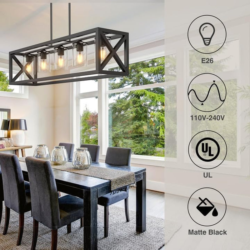 Espird Farmhouse Chandelier Rectangle Black, 5 Light Kitchen Island Cage Linear Pendant Lights Industrial Ceiling Light with Glass Shade & Adjustable Rods, Dining Room Lighting Fixtures over Table