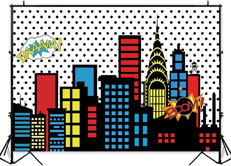 Art Studio 7X5Ft Superhero Super City Photography Backdrops Skyline Buildings City Boom Photo Background Children Birthday Party Banner Photo Studio Booth Cake Table Decor Vinyl