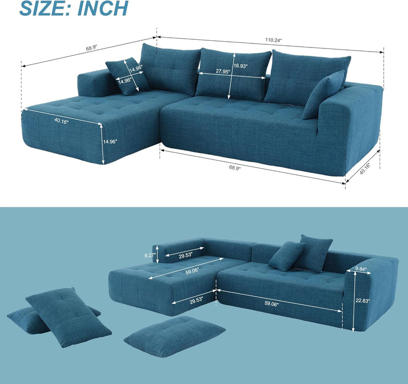 110" Cloud Modular Sectional Sofa, Linen L-Shape Freedom Combination Sofa with Reversible Chaise, Comfy Deep Seat Floor Living Room Sofa Couch with 3 Pillows for Apartment Office (Blue)