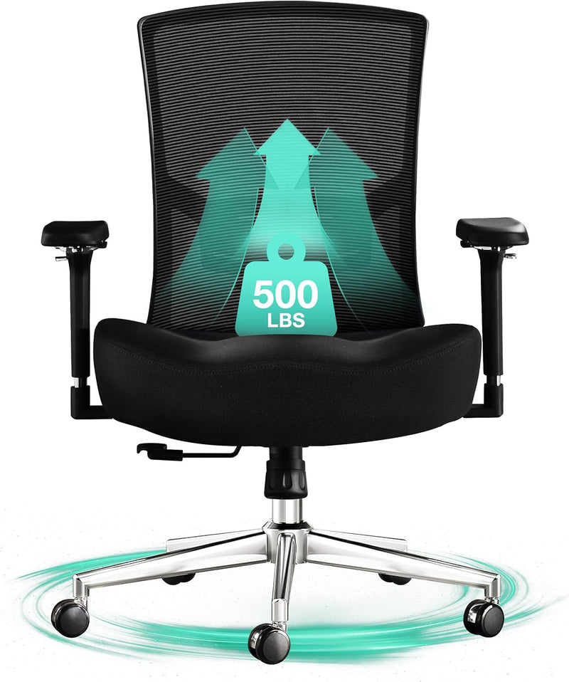 Big and Tall Office Chair 500Lbs, Ergonomic Oversize Mesh Desk Chair for Heavy People, Heavy Duty High Back Computer Chair with Wide Thick Seat Cushion, Adjustable Lumbar Support, 4D Armrests