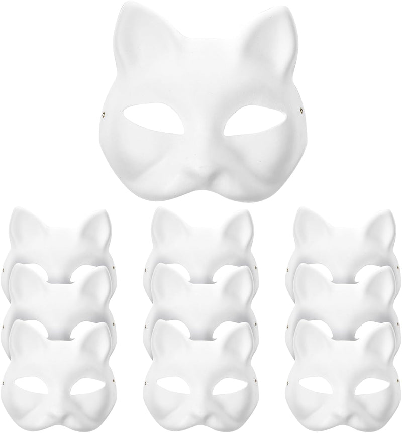 10PCS Cat Mask Therian Masks White Cat Masks to Paint Blank Animal Dress up Masks DIY White Masks Half for Masquerade Halloween Kids Cosplay Masks Costume Party Favors