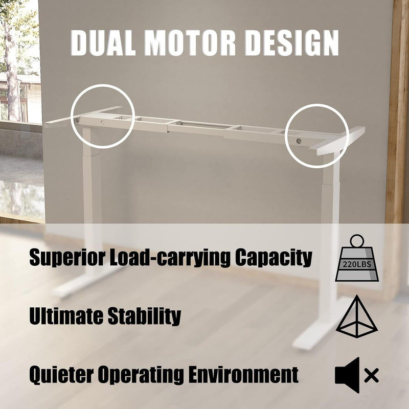 Dual Motor Standing Desk Frame, Electric Adjustable Standing Desk Legs for Office Home (White Frame + Motors + Control Panel)