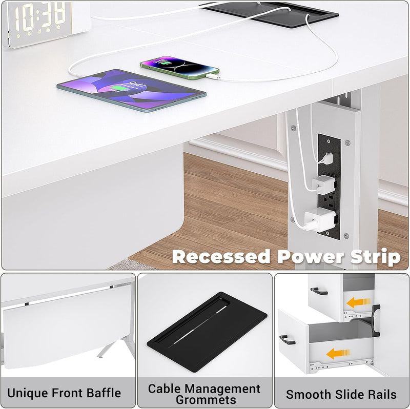 Homieasy L Shaped Office Desk with Storage Cabinet and Recessed Power Strip LED Strip, 55 Inch Thickened Heavy Duty Executive Computer Desk with 2 Drawers and 1 Door Cabinet, White