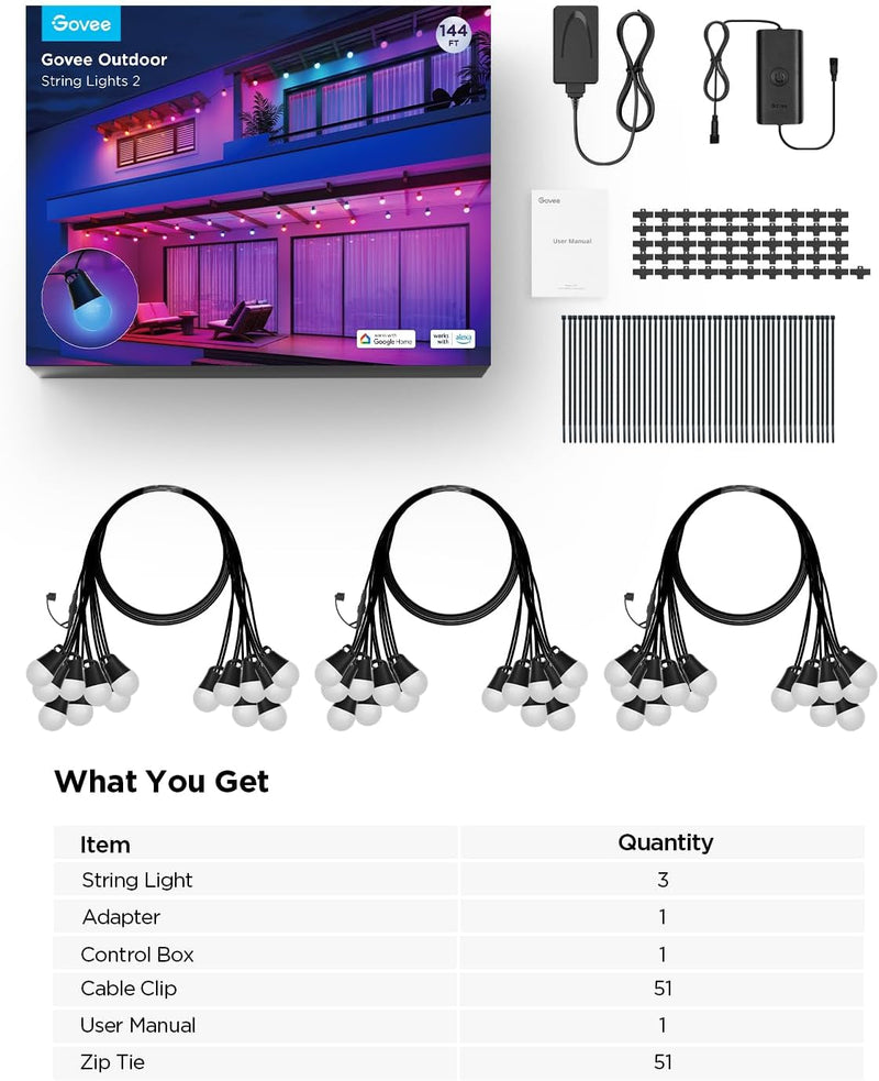 Govee Smart Outdoor String Lights 2, 144Ft RGBIC Outdoor Lights with Dimmable Warm White LED Bulbs, 47 Scene Modes for Patio, Backyard, Balcony, IP65 Waterproof, Works with Alexa, Google Assistant