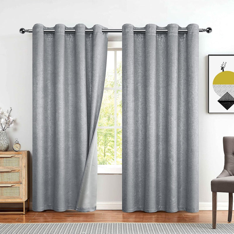 Bujasso Grey Metallic Room Darkening Window Curtains Luxury Silver Sparkle 75% Blackout Curtains 84 Inch Chic Glitter Gray Drapes for Living Room Bedroom Grommet Top 2 Panels,W52 Xl84