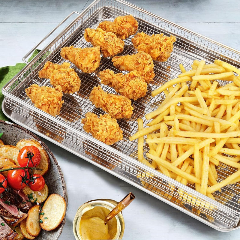 Air Fryer Basket for Oven with 50 Recipes, Extra Large 2 Piece Nonstick Crisper Tray & Basket, Stainless Steel Air Fryer Accessories for Crispy Foods Healthy Cooking, Dishwasher Safe, 16.5” X 12.5”