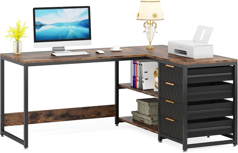 59-Inch L Shaped Desk with Drawers, Large Computer Desk with Storage Shelves, Reversible L-Shaped Corner Desk Workstation for Home Office