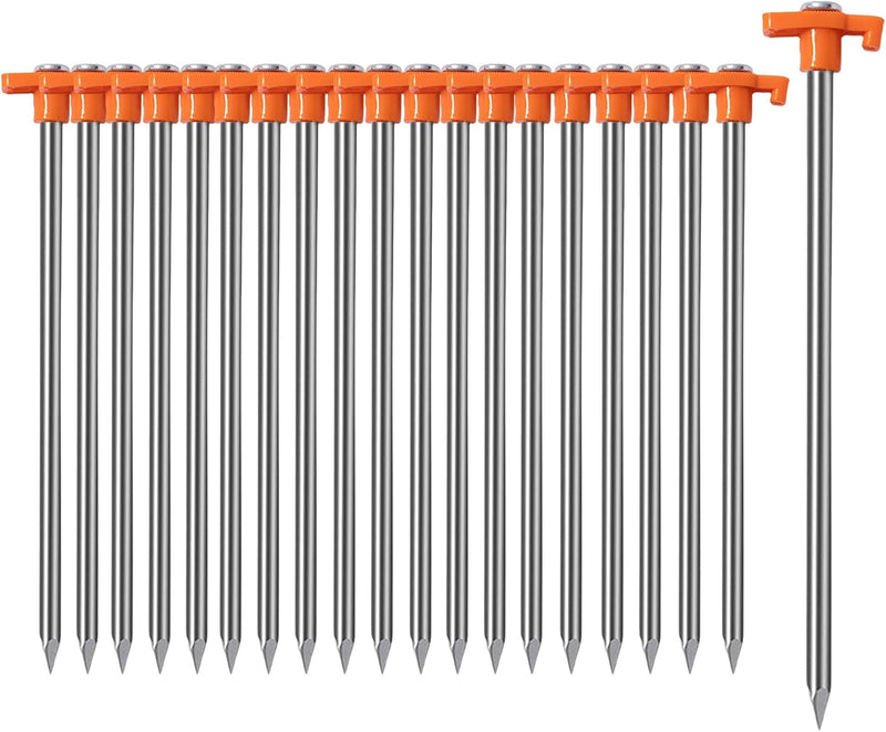 Cheardia Tent Stakes Heavy Duty, 10.25 Inch Yard Stakes Non-Rust Metal Tent Pegs Ground Stakes Tent Spikes for Camping Patio, Garden, Canopies, Grassland, Outdoor (20, Orange)