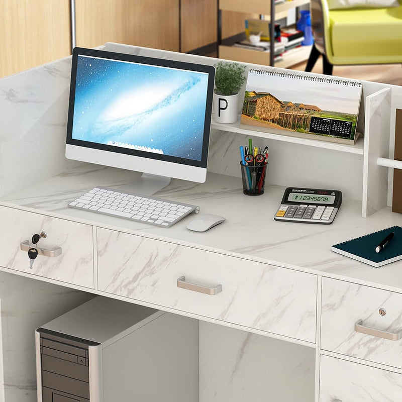 Homsee Modern Reception Desk with 3 Drawers, 1 Door Storage Cabinet & Hutch Shelf, Office Wooden Computer Desk, Writing Study Table PC Laptop Desk, White Marble (47.3" L X 18.3" W X 43.3" H)