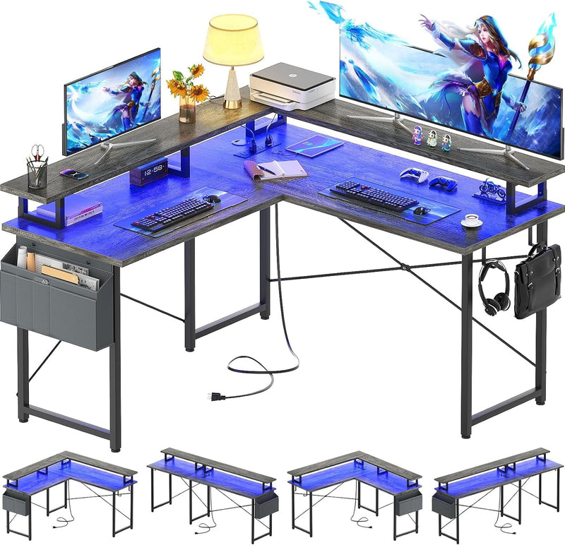 Armocity L Shaped Computer Desk with Power Outlets, Gaming Desk L Shaped with LED Lights, Corner Desk with Storage Shelves, Work Study Desk for Bedroom, Home Office Small Spaces, 47'', Black