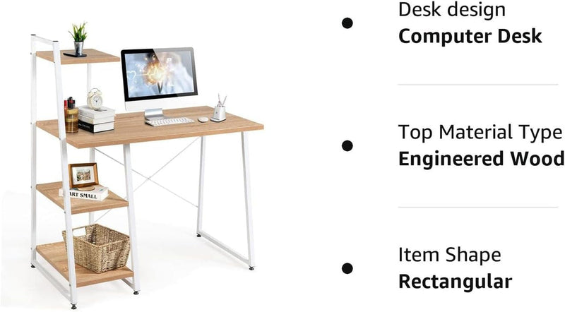 COSTWAY Computer Desk with 4-Tier Storage Shelves, Home Office Desk Writing Table with Sturdy X-Shape Frame, Adjustable Foot Pads, Modern Small Study Desk, Wide Tabletop (Natural and White)