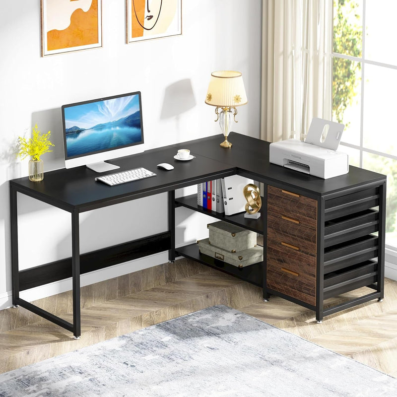 59-Inch L Shaped Desk with Drawers, Large Computer Desk with Storage Shelves, Reversible L-Shaped Corner Desk Workstation for Home Office