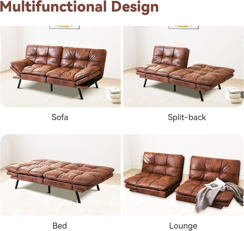 Convertible Sleeper, Memory Foam Futon Couch,Loveseat Bed,Small Splitback Modern Sofa Sofabed, Brown