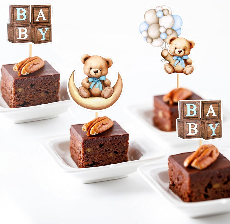 36 PCS Baby Shower Bear Cupcake Toppers Selection Baby Bear Theme Baby Shower Decorative Supplies Jungle Animal Theme Baby Shower Birthday Party Cake Decorative Supplies Blue