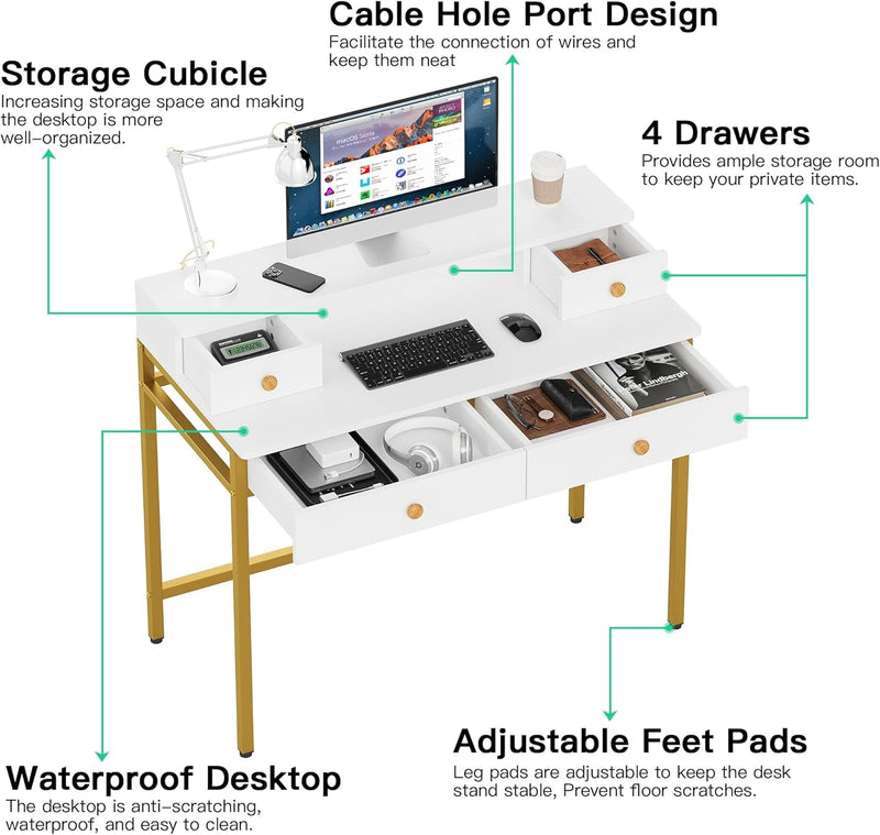 Elephance Small Computer Desk with Monitor Stand 39.37" Home Office Desk with 4 Drawers Study Writing Desk Gaming Table for Small Space