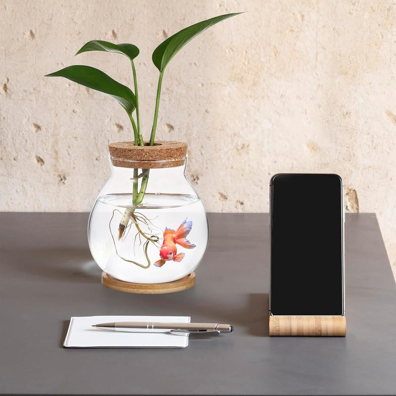 Clear Desktop Fish Bowl with Lid, Small Glass Table Fish Tank with Wood Lid Betta Aquarium Plant Terrarium Vase for Home Office Decoration, Coffee