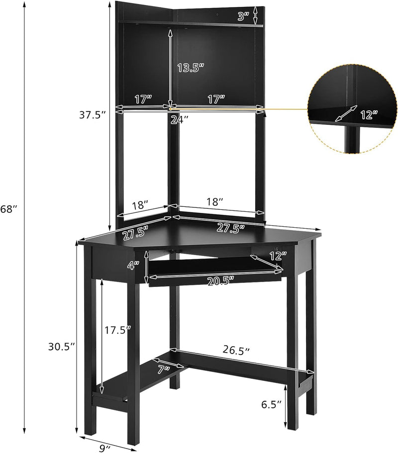 COSTWAY Corner Desk with Hutch, Compact Corner Computer Desk, Study and Writing Table with Keyboard Tray & Bottom Shelves, Space-Saving Laptop PC Desk for Small Space, Home, Bedroom, Apartment (Black)