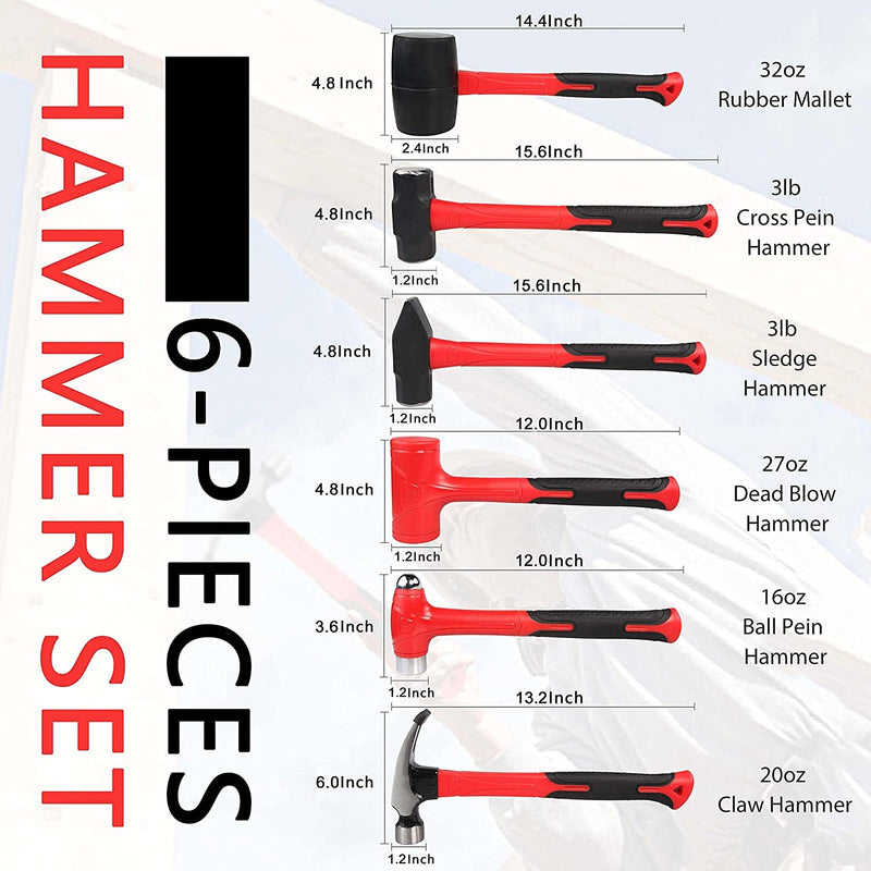 C&T 6-Piece Hammer Set, Fiberglass Handle & Mallet Set, with Shock Reduction Grip, Metal Working | Garage Home Kit | Mechanic Tools | Sledge Hammer | Blacksmith Hammer | Ball Peen Hammers | Hand Tools