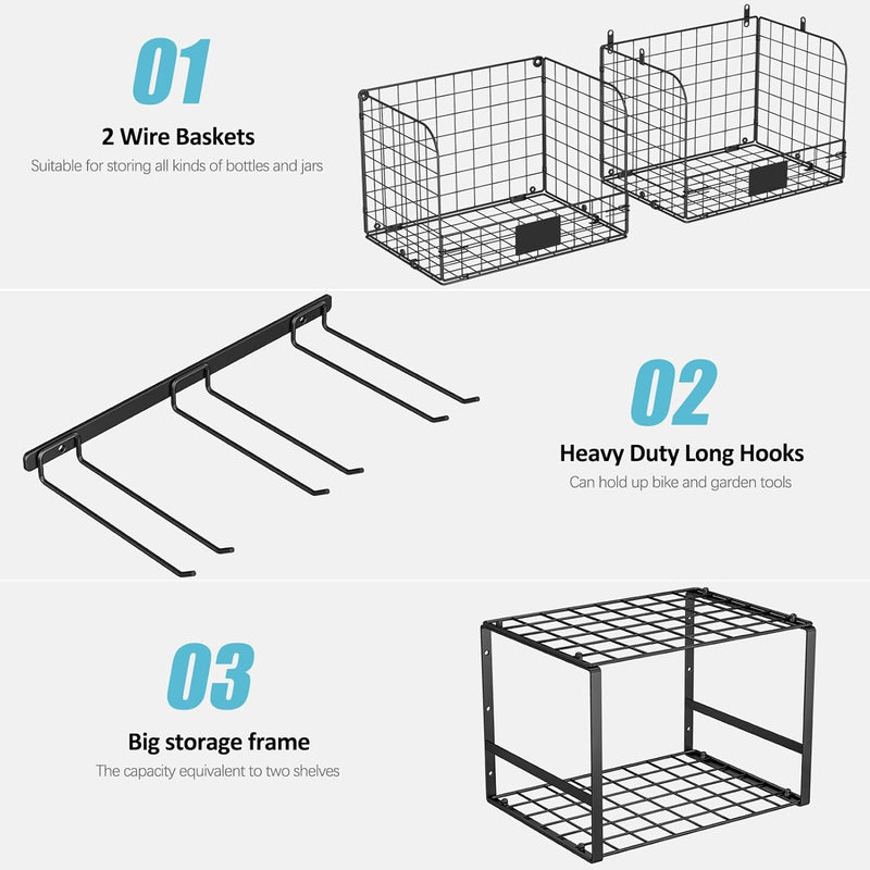 Garage Shelf Wall Mounted with Wire Baskets, Heavy Duty Garage Wall Shelving with Garden Tool Rack and Hooks, Wire Shelf Baskets Tool Organizer for Home Garden Garage Organization and Storage