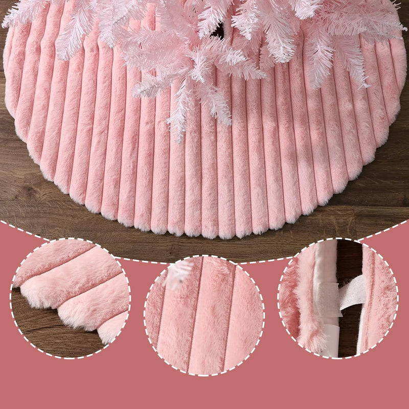 Faux Fur Christmas Tree Skirt: 36 Inch Pink Plush Faux Fur Christmas Tree Skirt with Stripe Textured Pattern, Soft Christmas Tree Decorations for Merry Christmas Home Décor Xmas Party Gifts