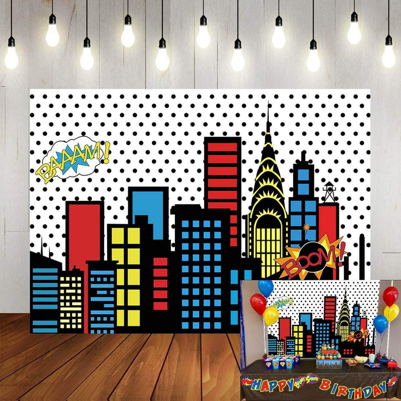 Art Studio 7X5Ft Superhero Super City Photography Backdrops Skyline Buildings City Boom Photo Background Children Birthday Party Banner Photo Studio Booth Cake Table Decor Vinyl