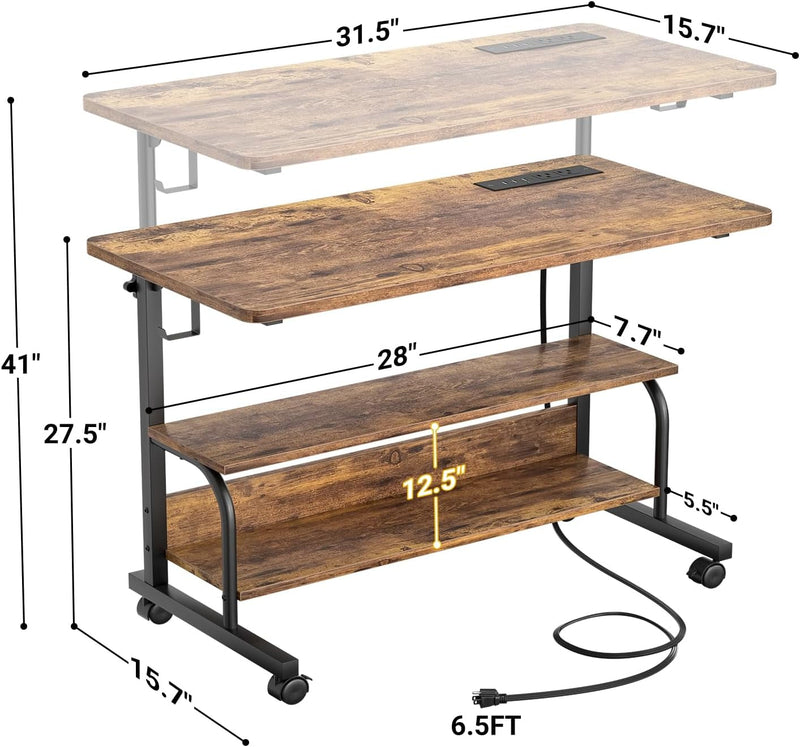 32" Height Adjustable Standing Desk with Power Outlets - Manual Rolling Stand up Desk with Wheels Small Portable Computer Desk Mobile Laptop Table with Storage Shelves for Home Office, Rustic