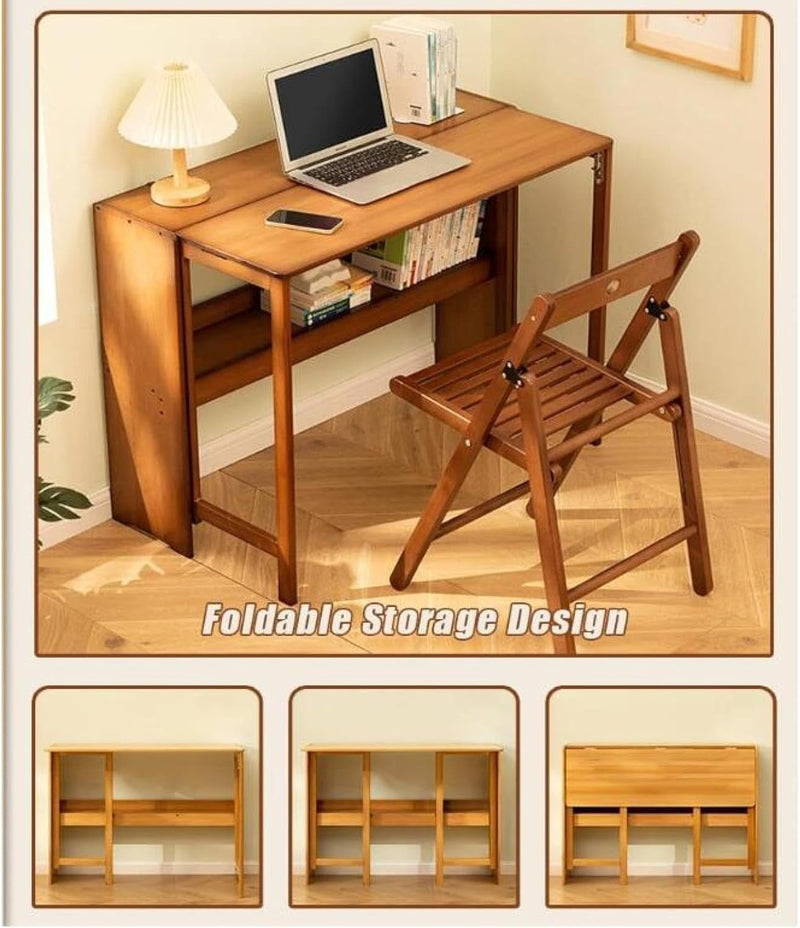 Bamboo Folding Desk/ L Office Computer Desk ,Desk with Storage Shelf and Collapsible Feature Rectangular,Ki*Ds Learning Computer Workstation and Writing Desk,For Home Office Bedroom Small Spaces