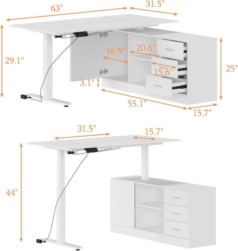 FAMAPY Electric Height Adjustable Standing Desk with Drawers and Shelves, 63 X 31.5 Inches Electric Standing Desk, 29”-44” Height, Metal Frame Leg, Stand up Desk for Home Office White