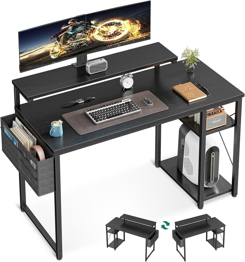AODK 48 Inch Computer Desk with Adjustable Monitor Stand, Work Writing Desk with Shelves, PC Desk Workstation, Black Home Office Desk