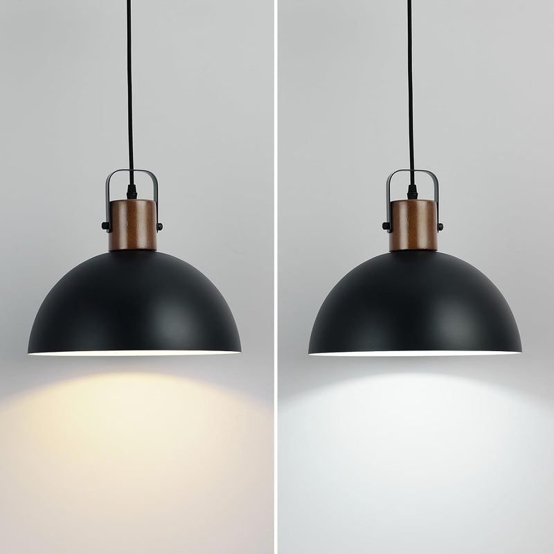 Eustace 11.8" Wood and Metal Black Pendant Light Fixtures, Modern Farmhouse Pendant Lamp, Industrial Dome Hanging Lights for Kitchen Island Dining Room Hallway Restaurant Entryway