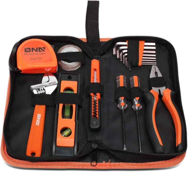 DNA Motoring TOOLS-00032 18 Piece Mechanic'S Home Repair Tool Set, Includes Pliers, Wrench, Hex Keys, Screwdrivers, Scissors, and Tape Measurer, 1 Kit, Orange/Black