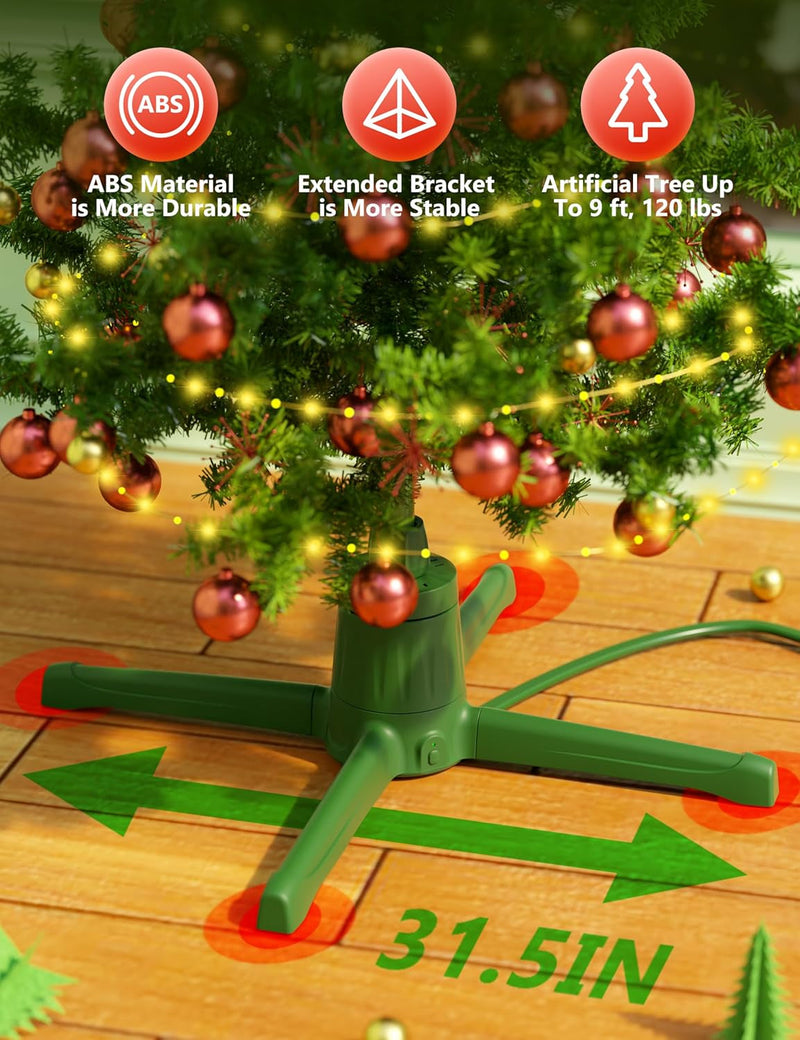 COOLWUFAN 360-Dgree Rotating Christmas Tree Stand for up to 9Ft & 120Lb Artificial Trees, 4 Built-In Power Outlets Base with Remote Control, Sturdy Revolving Holder for 7.5Ft Xmas Tree, Green