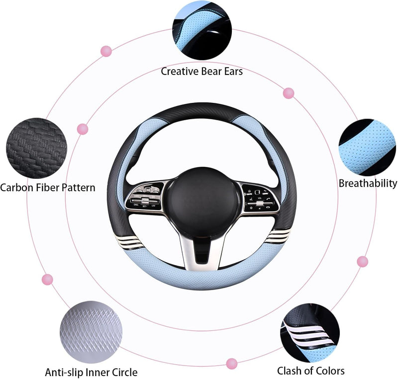 Cute Steering Wheel Cover for Women Men Leather Universal 15 Inch,Black and Blue