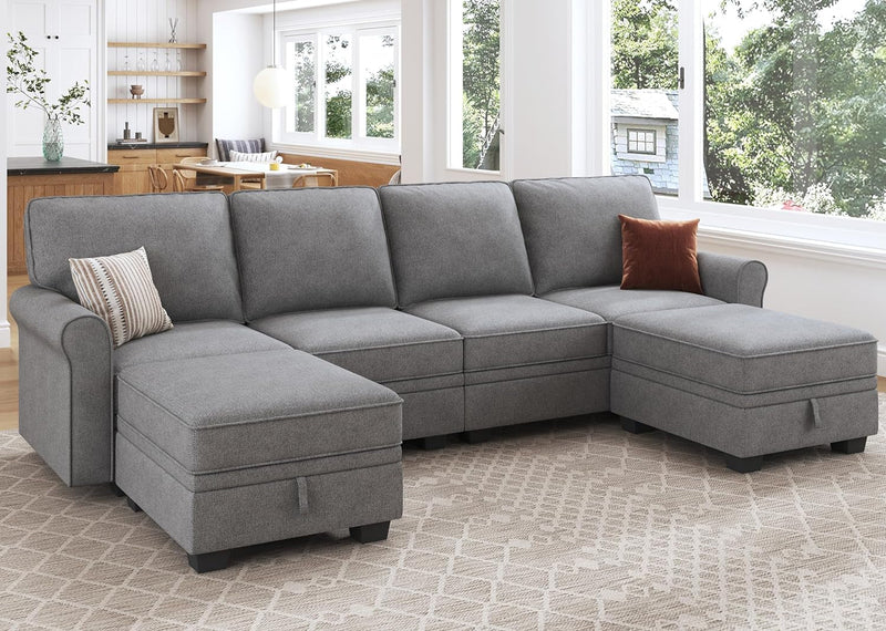 HONBAY Convertible Sectional Sofa with Storage Seat 6 Seat Sofa with Reversible Chaise U Shaped Sectional Couch for Living Room,Light Grey