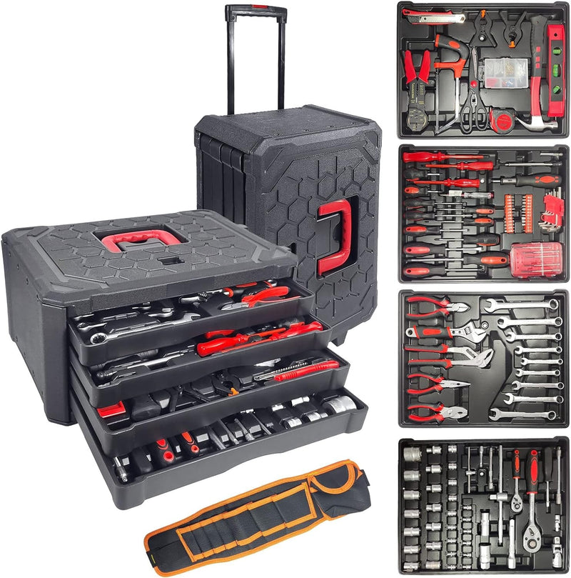 188-Piece Tool Set with Wheels, Tool Kit with Rolling Tool Box, Four-Layer Tool Kit, Toolbox Storage Case with Drawer, Complete Household Tool Kit, Tool Set for Men, Gift on Father'S Day