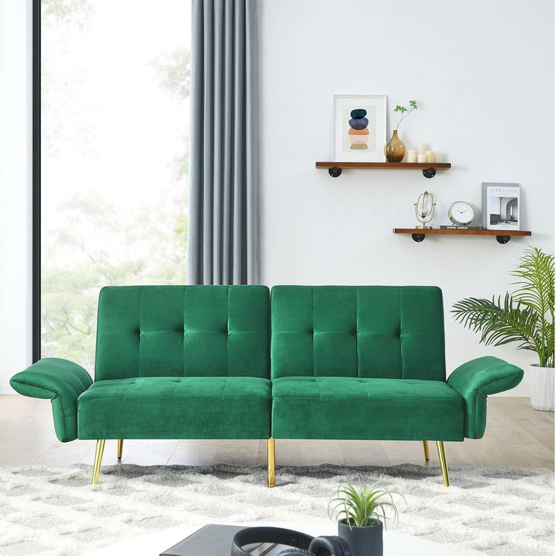 Anwick Velvet Convertible Futon Sofa Bed, Memory Foam Futon Couch Sleeper Sofa, Modern Loveseat Sofa with Adjustable Backrest and Armrests for Home Living Room Office (Green)