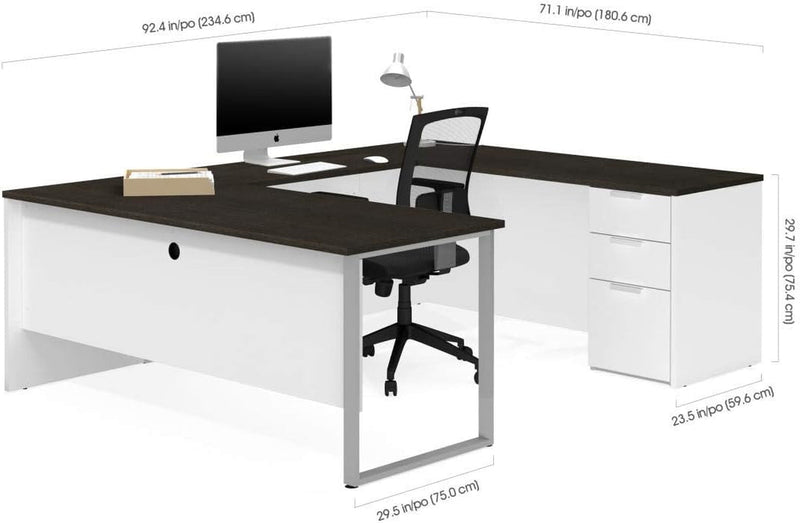 Bestar Pro-Concept plus U-Shaped Executive Desk with Pedestal, White & Deep Grey