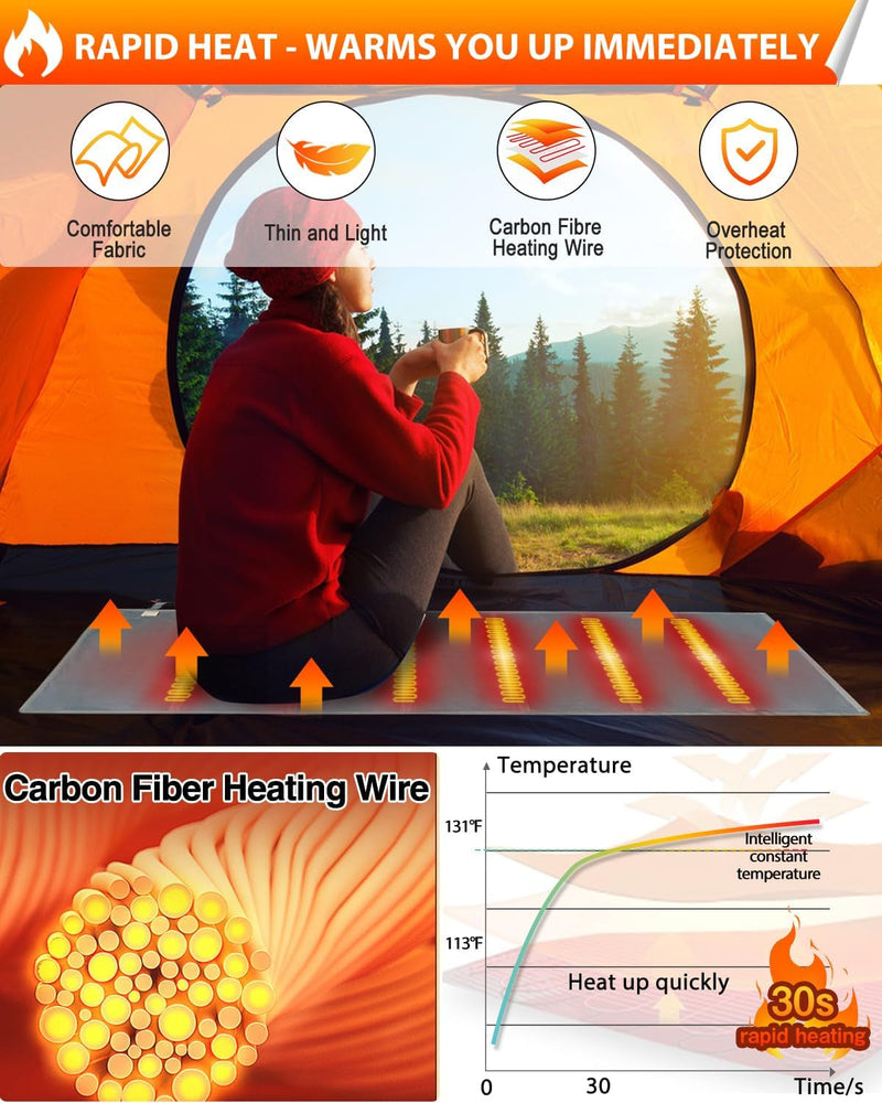 Camping Heated Sleeping Bag Pad - Battery Powered Heated Blanket USB Heater for Tent Outdoor