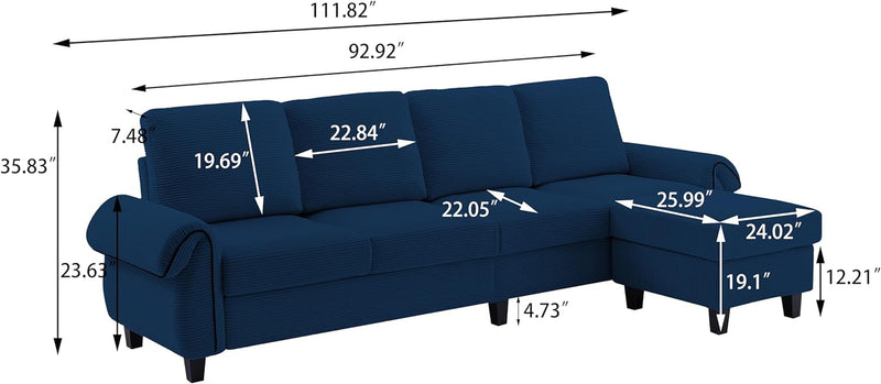 112" Convertible Sectional Sofa Couch, 4 Seater L Shaped with Ottoman Reversible Chaise, Modern Microfiber Couches for Living Room, Blue