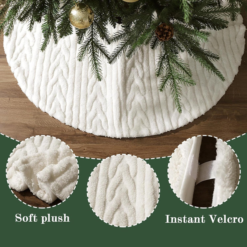 Faux Fur Christmas Tree Skirt: 36 Inch Soft White Plush Fluffy Rustic Christmas Tree Skirts with Cable Knit Textured Pattern, Boho Style Christmas Tree Cover Beige Xmas Decorations for Home Indoor