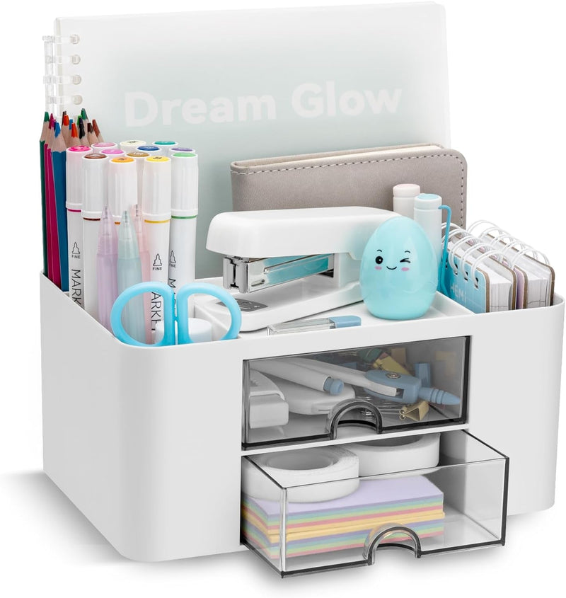 Desk Organizer with 2 Drawer, Multi-Functional Pencil Pen Holder for Desk, Desk Organizers and Storage with 5 Compartments, Desktop Organizer for Office Home Art Supplies (White)