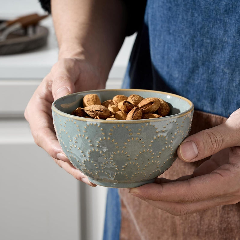 Ceramic Bowls Set of 4, 4.5" Embossment Design Porcelain Soup/Cereal/Rice Bowls for Kitchen, 11.8 Fl Oz Small Bowl Set for Entertaining, Dinner, Housewarming Gift Idea-Green