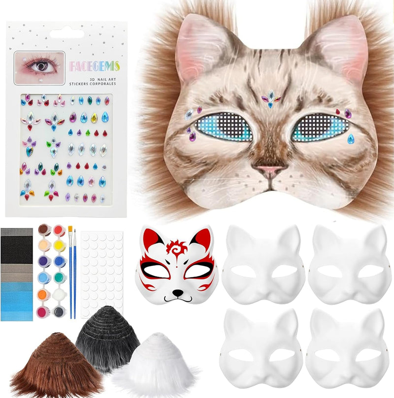 6PCS Therian Mask Kit, Cat Mask with Eye Mesh Gem Stickers Acrylic Pigment and Animal Hair, DIY Blank Animal Masks for Costume Party, Cosplay, Halloween Costume