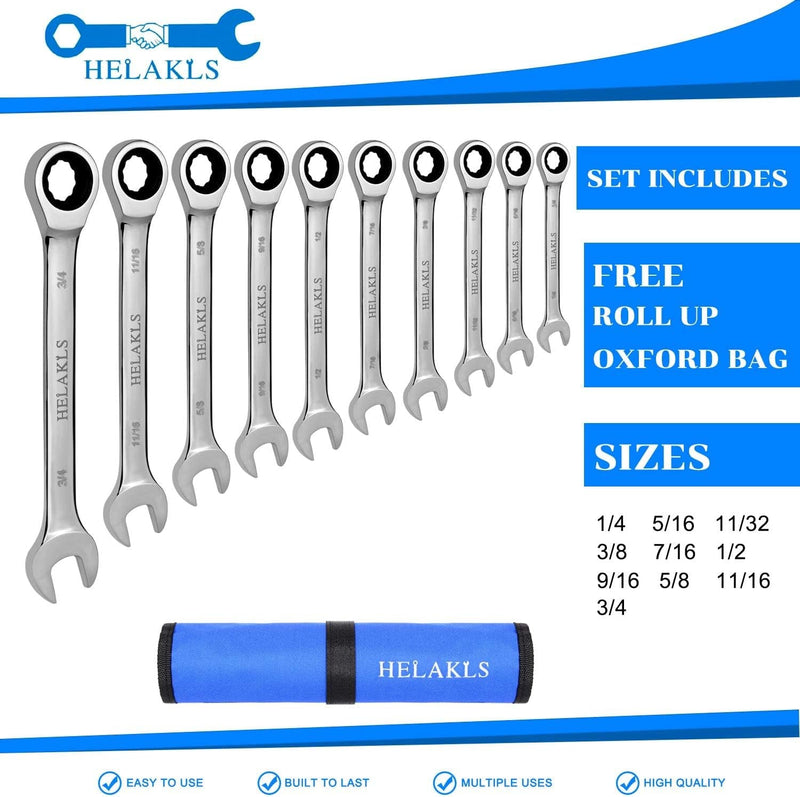 10-Piece 1/4-3/4 Inch Ratchet Wrench Set Chrome Vanadium Steel SAE Combination Box Open Ended Standard Kit Tool for Mechanic with Portable Suspended Canvas Bag